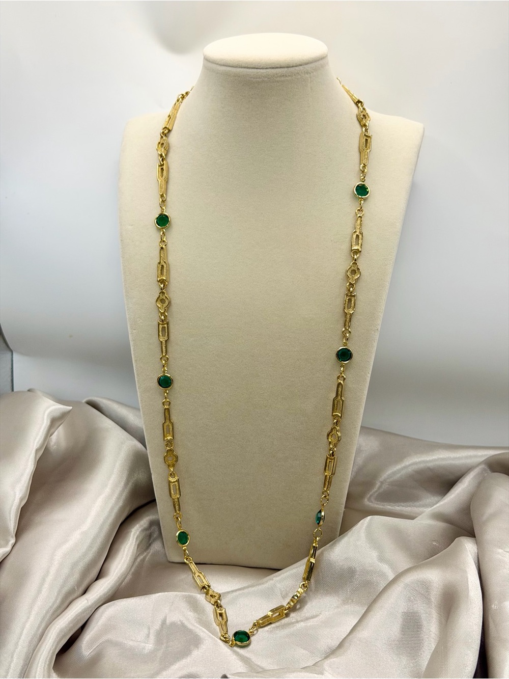 Long Gold Link Necklace with Emerald Green Stones